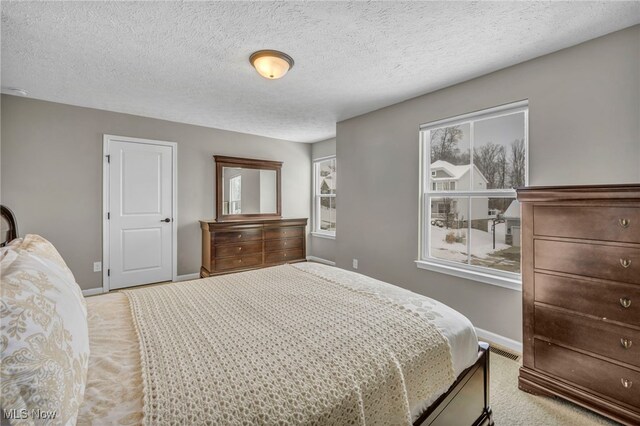 bedroom with a textured ceiling, light colored carpet, and multiple windows