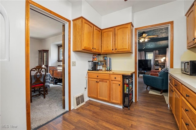 kitchen with ceiling fan and dark wood-type flooring