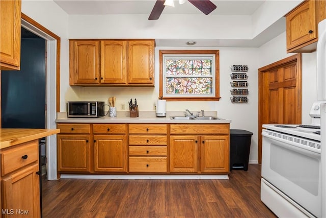 kitchen featuring sink, ceiling fan, white electric stove, and dark wood-type flooring