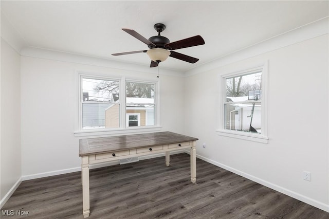 unfurnished office featuring ceiling fan, ornamental molding, and dark hardwood / wood-style floors