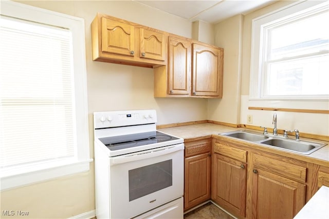 kitchen with sink and white electric range