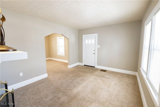 entryway with light colored carpet, a textured ceiling, and a wealth of natural light