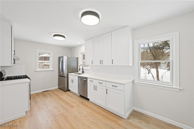 kitchen featuring sink, stainless steel appliances, white cabinetry, and light hardwood / wood-style flooring