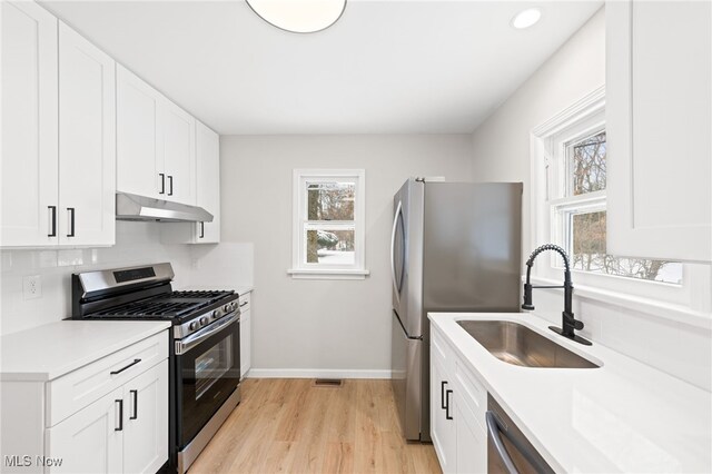 kitchen featuring stainless steel appliances, white cabinetry, backsplash, and sink