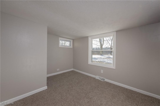 unfurnished room with a textured ceiling and carpet