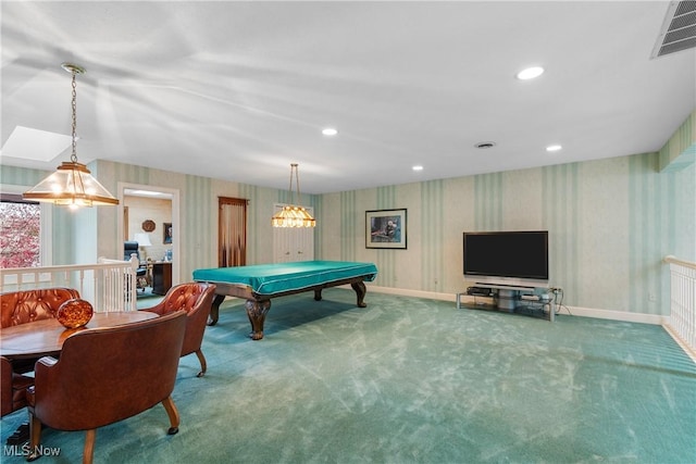 rec room featuring billiards and carpet