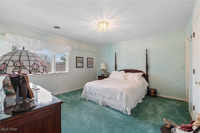 bedroom featuring dark carpet