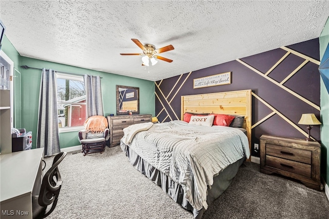 bedroom with ceiling fan, a textured ceiling, baseboards, and carpet