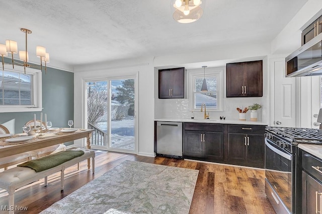 kitchen featuring decorative light fixtures, appliances with stainless steel finishes, dark brown cabinets, and sink