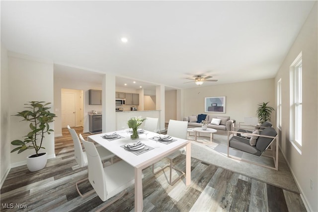 dining space featuring ceiling fan, a healthy amount of sunlight, and dark hardwood / wood-style floors