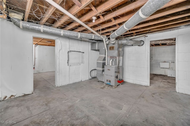 basement featuring heating unit