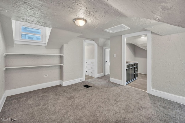 additional living space with a textured ceiling and carpet flooring