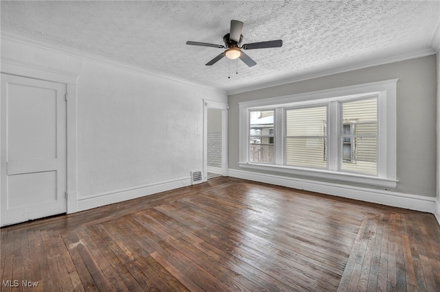 spare room featuring ceiling fan, crown molding, a textured ceiling, and dark hardwood / wood-style floors