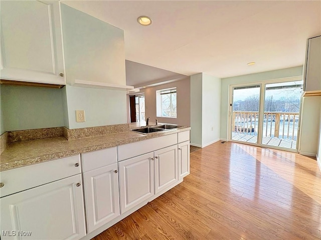 kitchen featuring sink, white cabinetry, light wood-type flooring, and kitchen peninsula