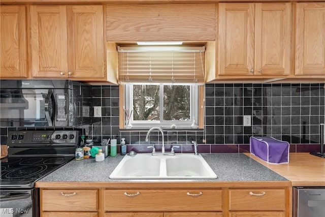 kitchen with black appliances, decorative backsplash, and sink