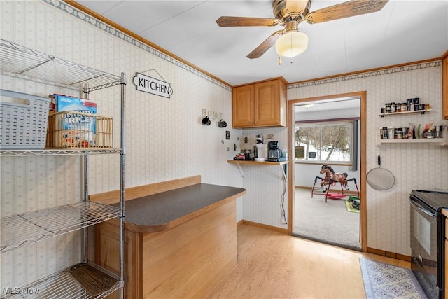 kitchen featuring light wood-type flooring, ceiling fan, crown molding, and black / electric stove