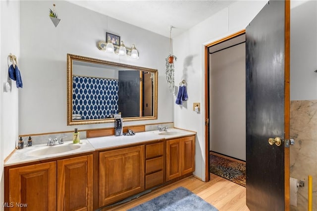 bathroom featuring vanity and hardwood / wood-style floors