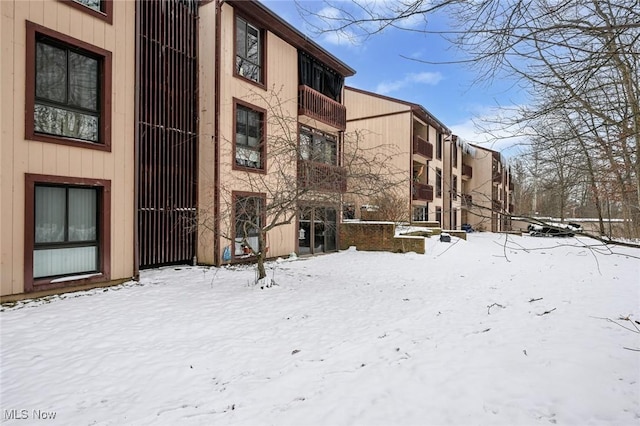 view of snow covered building