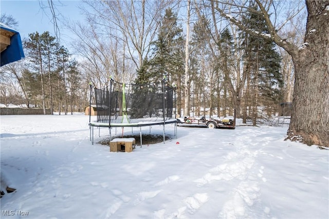 yard covered in snow with a trampoline