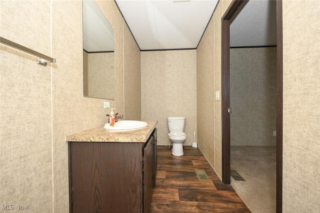 bathroom with toilet, hardwood / wood-style flooring, and vanity