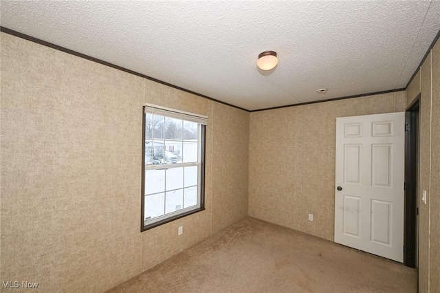 empty room with ornamental molding, light colored carpet, and a textured ceiling