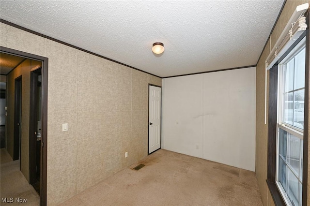 empty room featuring a textured ceiling and crown molding