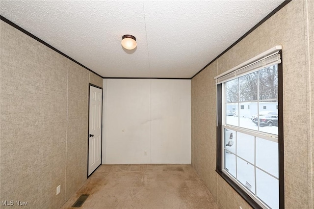 unfurnished room with a textured ceiling, crown molding, and light carpet