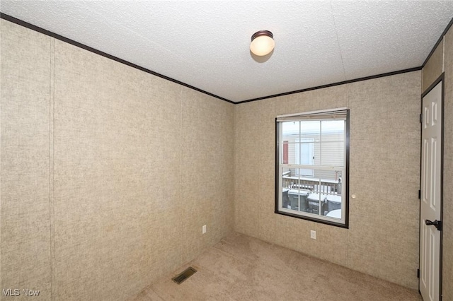 empty room with a textured ceiling and crown molding