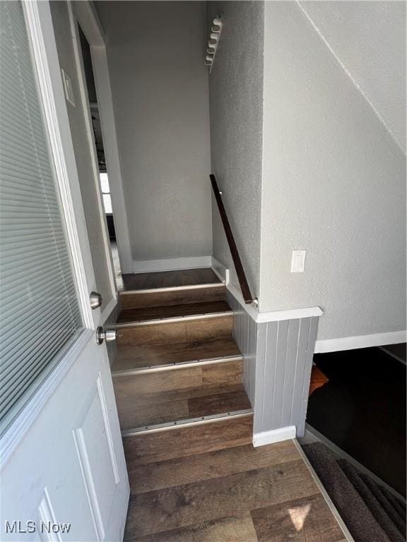 staircase with hardwood / wood-style floors