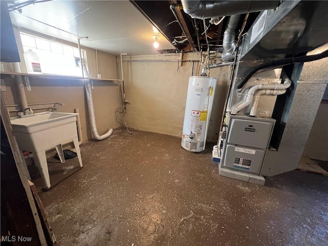 basement featuring water heater and heating unit