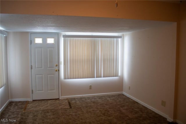 carpeted foyer entrance with a textured ceiling