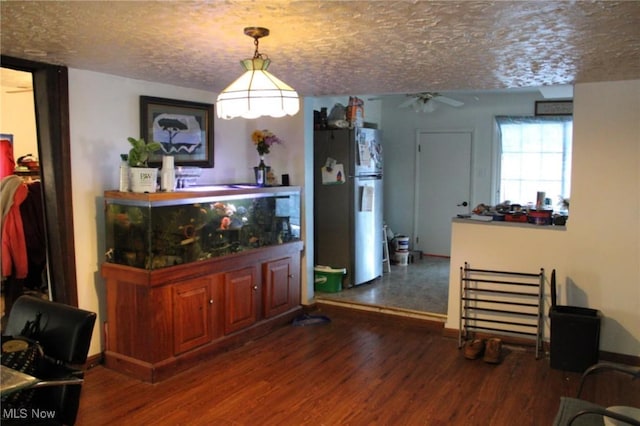 dining room with a textured ceiling, dark hardwood / wood-style flooring, and ceiling fan