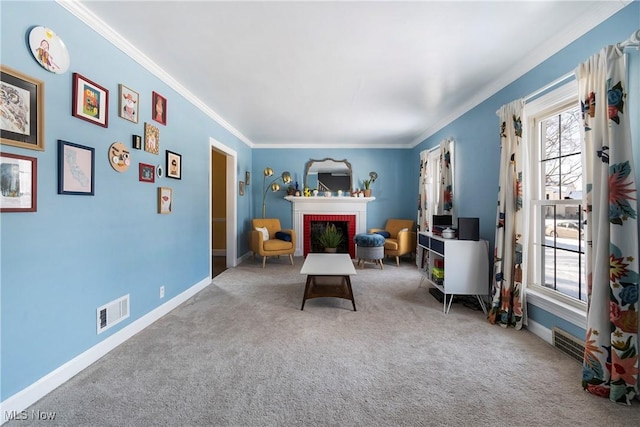 living area featuring crown molding, light carpet, and a fireplace