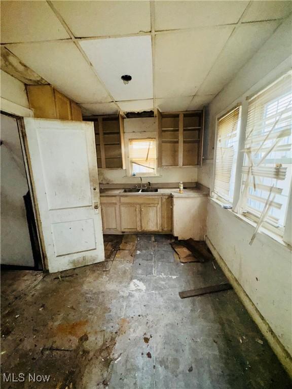 kitchen featuring a paneled ceiling, sink, and light brown cabinets