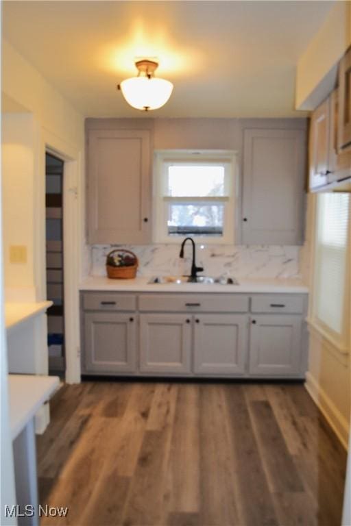 kitchen with dark hardwood / wood-style flooring, gray cabinetry, decorative backsplash, and sink