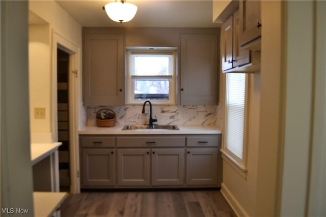 kitchen featuring sink, gray cabinets, decorative backsplash, and hardwood / wood-style flooring