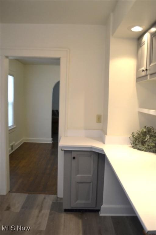 kitchen featuring gray cabinetry and dark hardwood / wood-style flooring