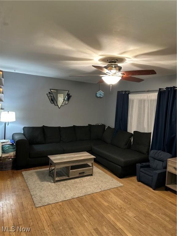 living room with ceiling fan and light hardwood / wood-style flooring