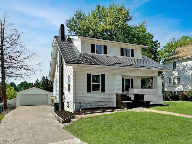 view of front of home with an outdoor structure, covered porch, a garage, and a front lawn