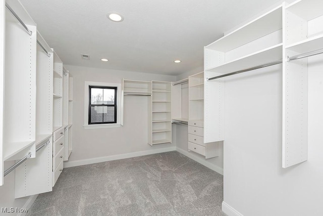 spacious closet with visible vents, carpet flooring, and built in study area