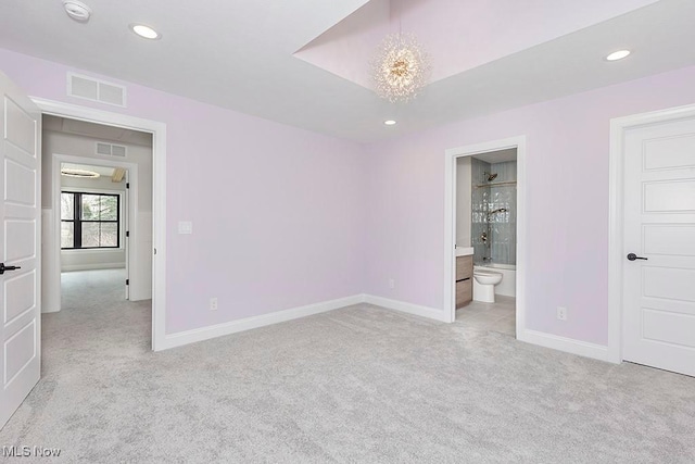 unfurnished bedroom featuring light carpet, baseboards, visible vents, and recessed lighting