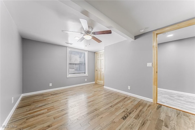 empty room featuring ceiling fan and light hardwood / wood-style flooring