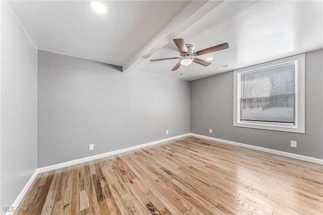 unfurnished room with beamed ceiling, ceiling fan, and light hardwood / wood-style flooring