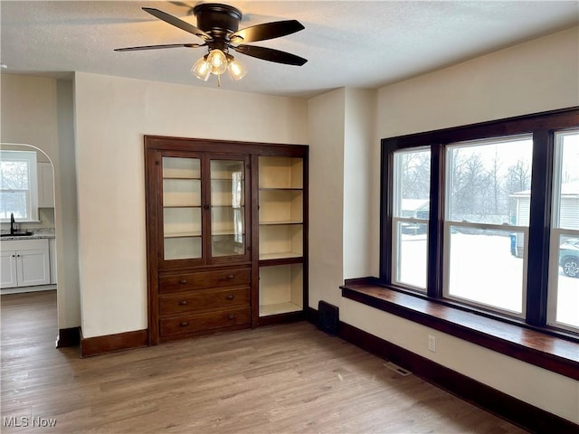 spare room with light wood-type flooring, ceiling fan, a healthy amount of sunlight, and sink