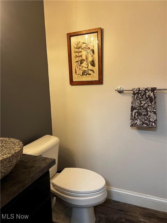 bathroom featuring toilet, vanity, and wood-type flooring