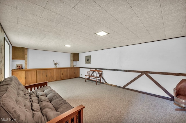 sitting room featuring light colored carpet