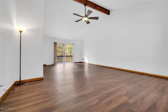 unfurnished living room with ceiling fan, hardwood / wood-style floors, and lofted ceiling with beams