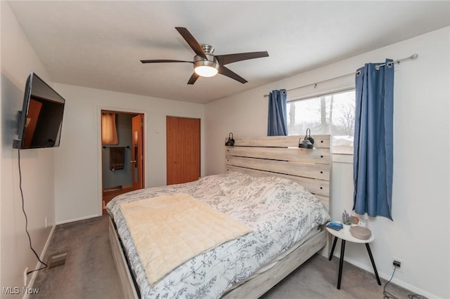 bedroom with ceiling fan and carpet