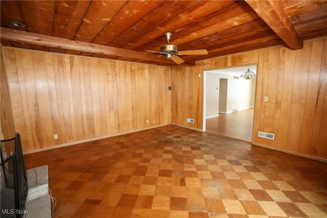 empty room with ceiling fan, wooden ceiling, beam ceiling, and wooden walls