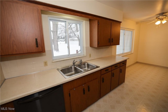 kitchen featuring ceiling fan, dishwasher, backsplash, and sink